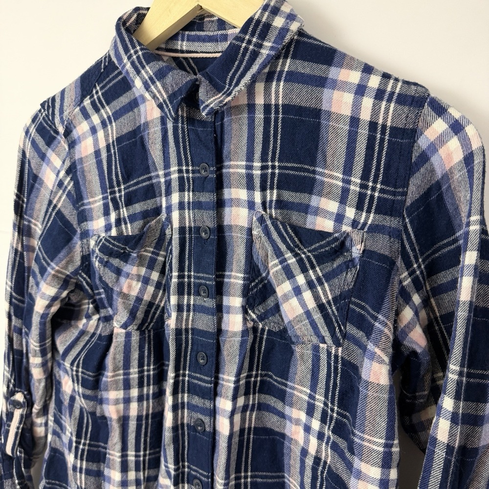 Westport Plaid Button Front Shirt Women PM Navy Pink Good Roll Tab Cottagecore